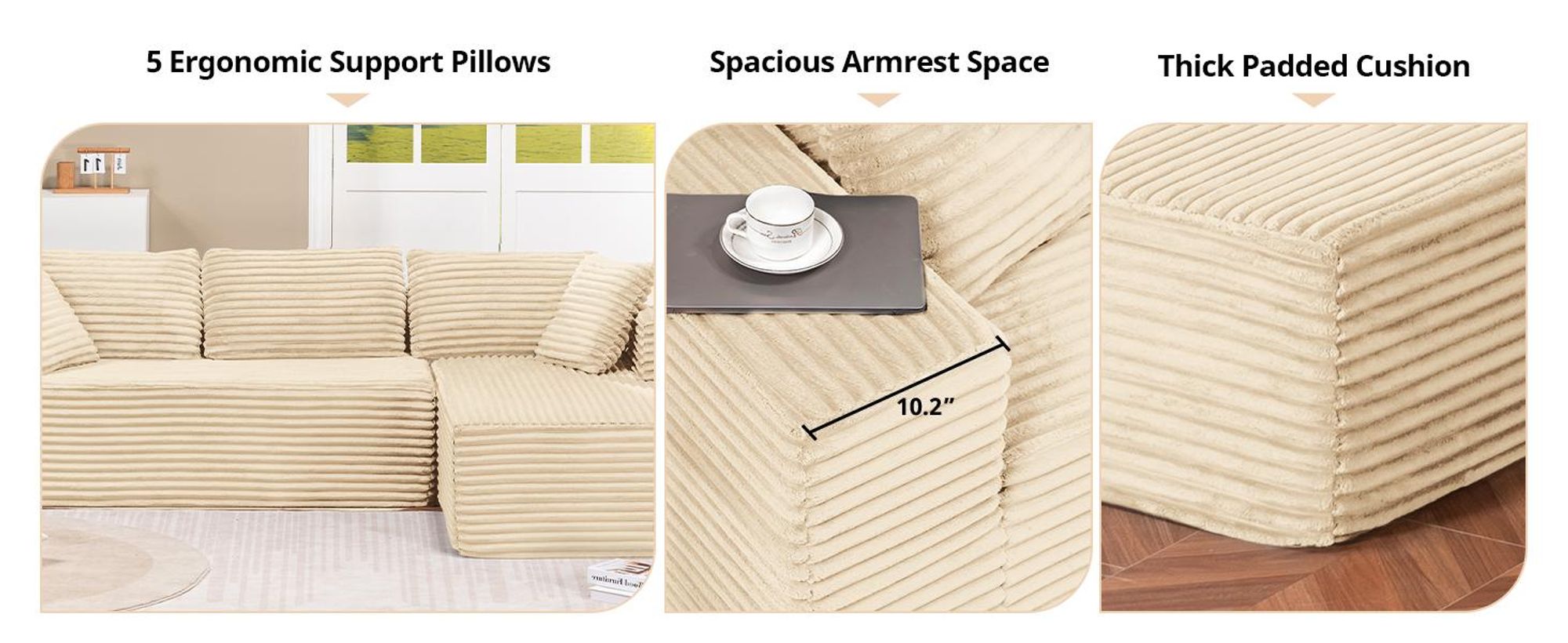 COMHOMASofa Big-Sofa, L-förmige Sofa, Couch Ecksofa, Chaiselongue Schlafsofa mit tiefer Sitzfläche und breiten Armlehnen, Cordstoff, Beige-L