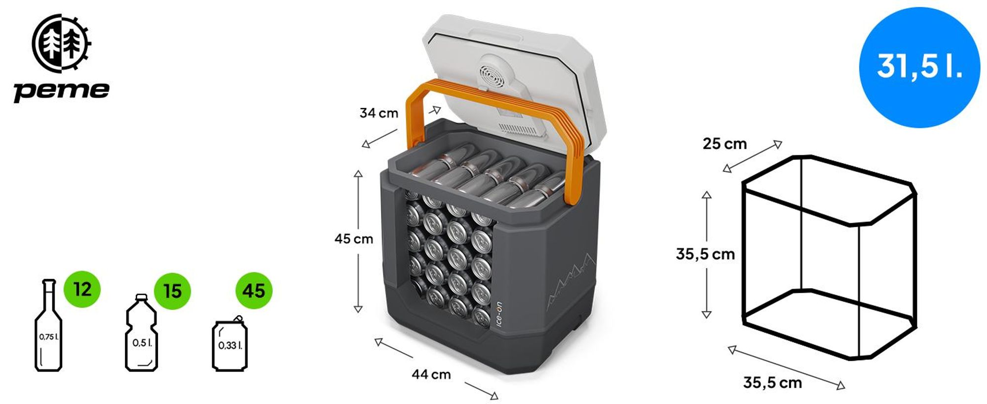 PEME Ice-on 33-litrowa lodówka elektryczna do chłodzenia i utrzymywania ciepła z głośnikiem Bluetooth, przenośna lodówka 12/230 V, złącze USB, tryb eco