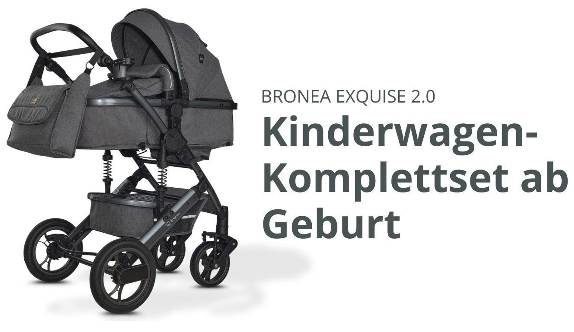BRONEA® EXQUISE 2.0 Kombi-Kinderwagen 3-in-1 mit MATRATZE & AUTO-BABYSCHALE, Buggy, Wickeltasche, Regenhaube, Mücken- & Sonnenschutz - Grau/Schwarz