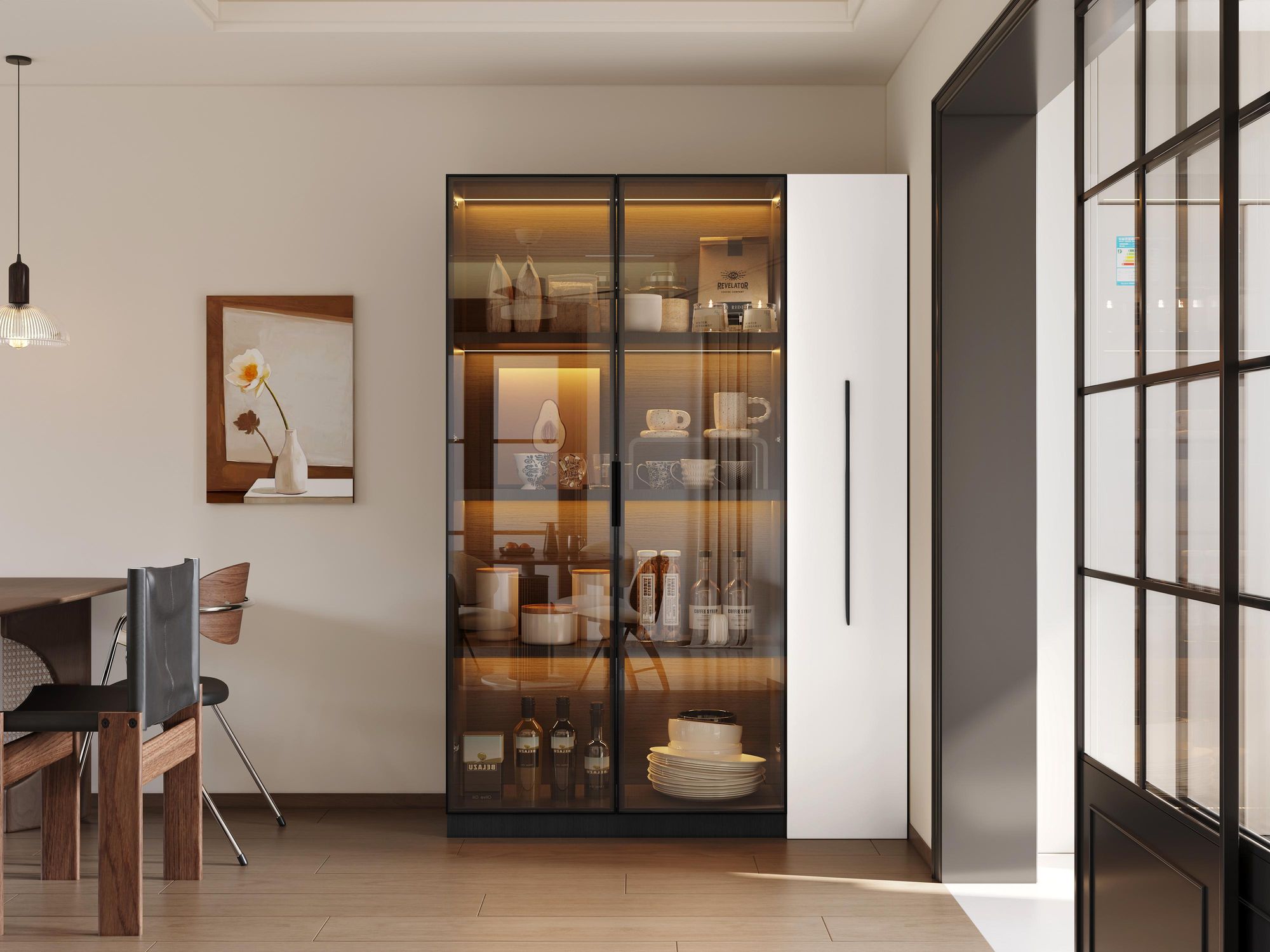 Merax Glasvitrine mit LED, Drei Türen, Auszugsschrank mit Regal, Vitrine Vitrinenschrank, Hochschrank, Bücherregal, 110.5x35x160cm, Schwarz+Weiß