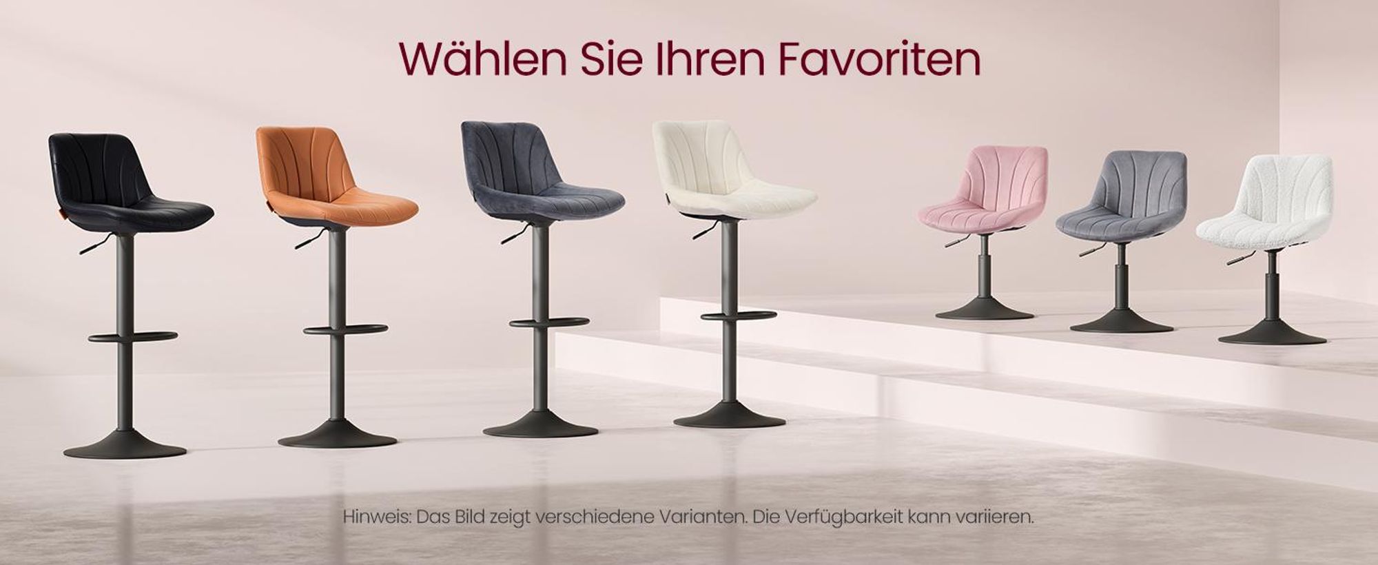 VASAGLE Schminkstuhl, Stizhocker, 65,5-77,5 cm höhenverstellbar, Barhocker, drehbar, Samt-Bezug, rosa