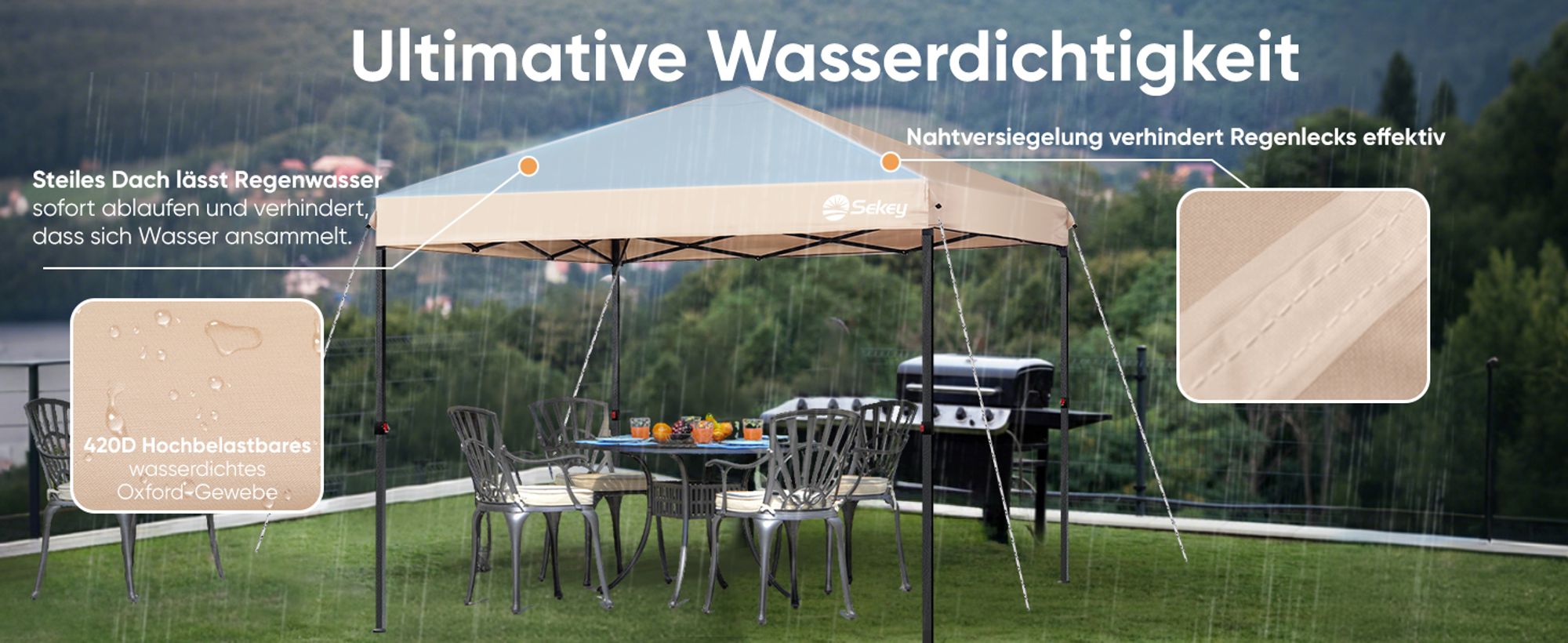 Sekey Faltpavillon 3x3 wasserdicht, Pop Up Pavillon mit 4 Sandsäcken, UV-Schutz 50+ Pavillons & Partyzelte Festzelt, Taupe