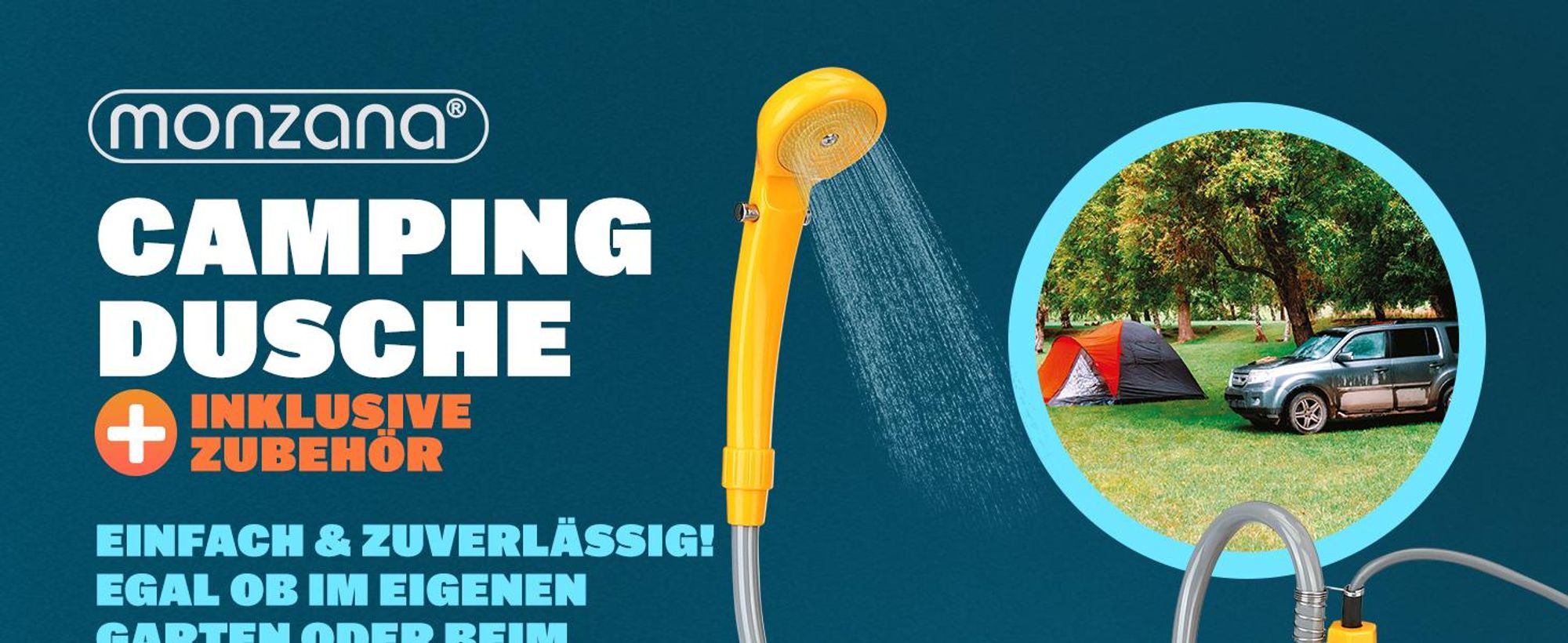 MONZANA® Campingdusche 12V KFZ-Adapter Aufbewahrungstasche 2m Schlauch 5m Stromkabel Handbrause Hundedusche Gartendusche Dusche Tauchpumpe gelb