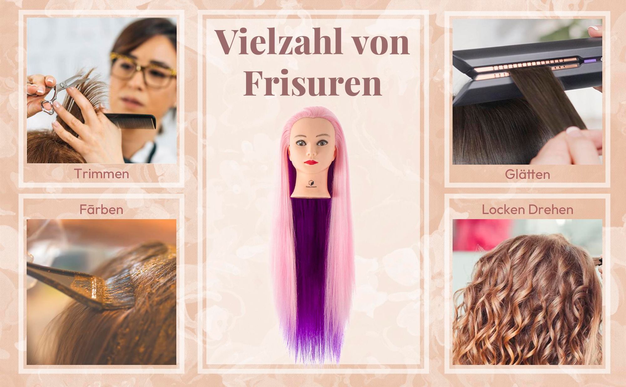 Desire of Goods Übungskopf Friseurkopf Lila – mit Tischklemme – Frisierkopf für Kinder – Friseurkopf – 70 cm