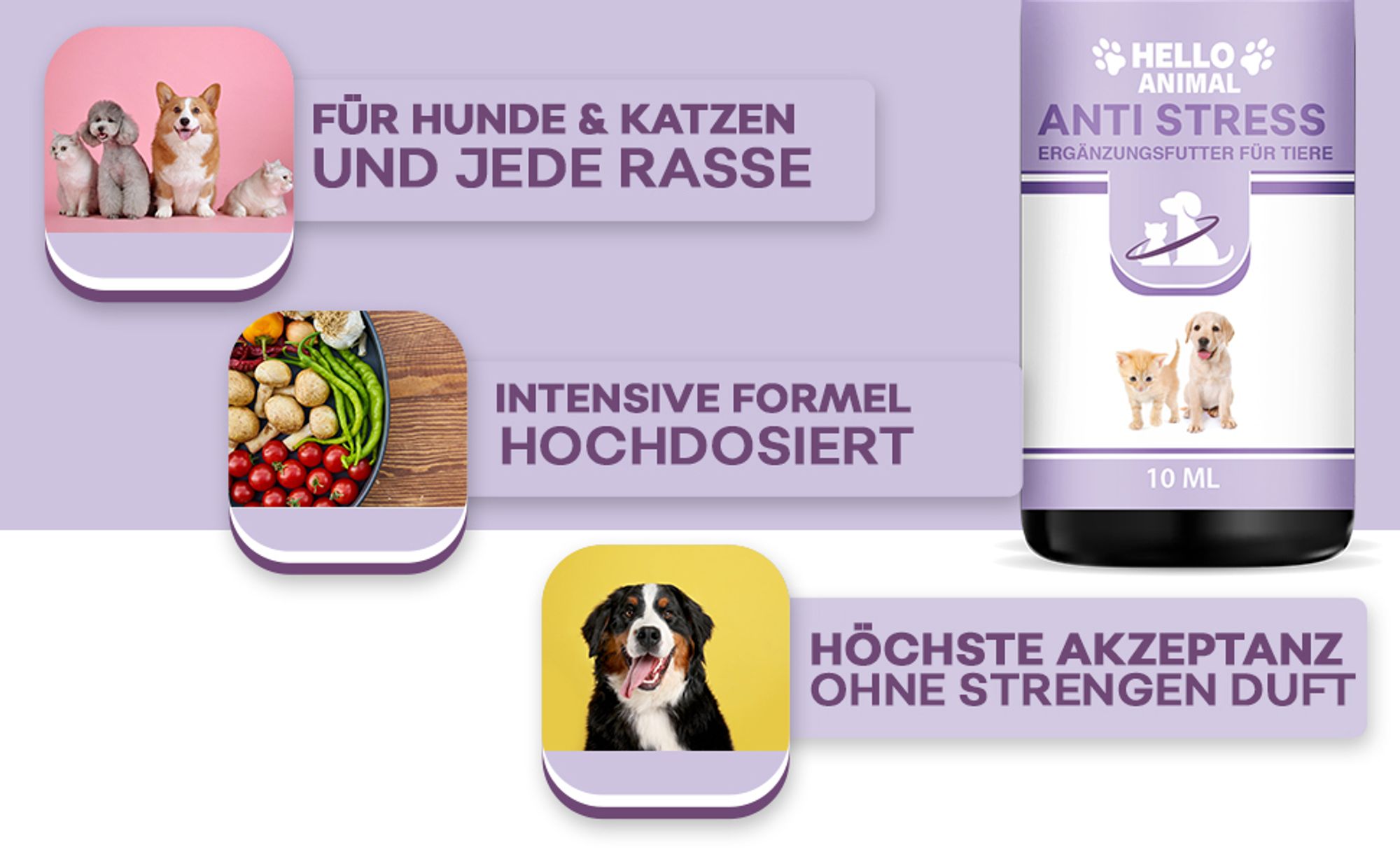 Hello Animal - Anti Stress - für Hunde und Katzen - pflanzliches Hаnföl - gegen Angst und innere Unruhe - Beruhigungsmittel für Hunde - Angststörung