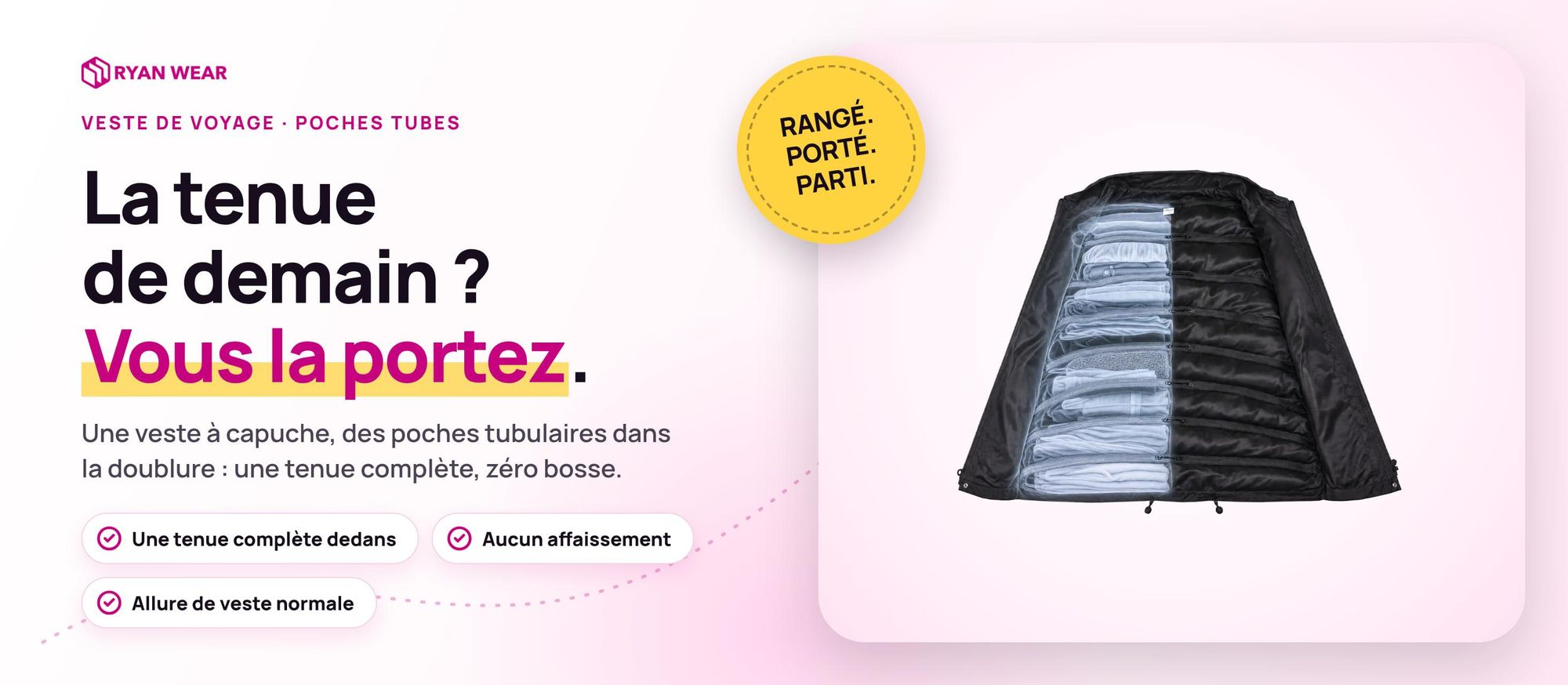 Veste de rangement Ryanwear : veste de voyage à capuche unie, doublure à poches tubulaires