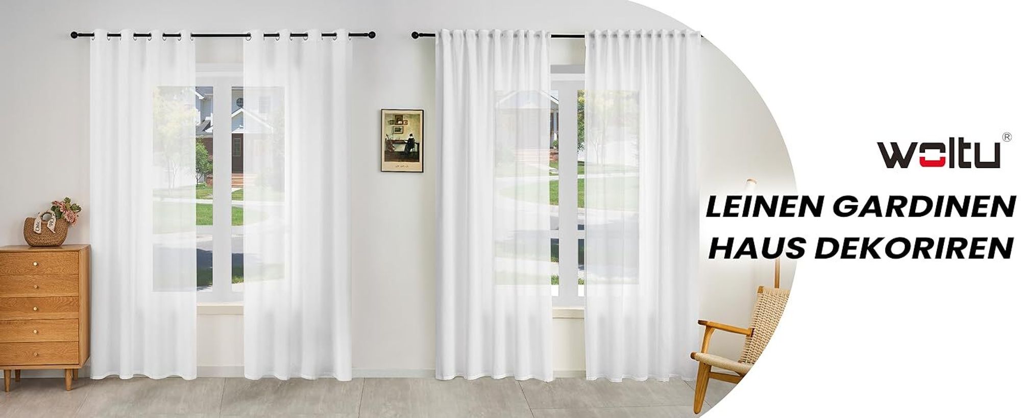 WOLTU Gardinen mit Ösen Leinenoptik Halbtransparent Voile Modern, 135x245cm Weiß