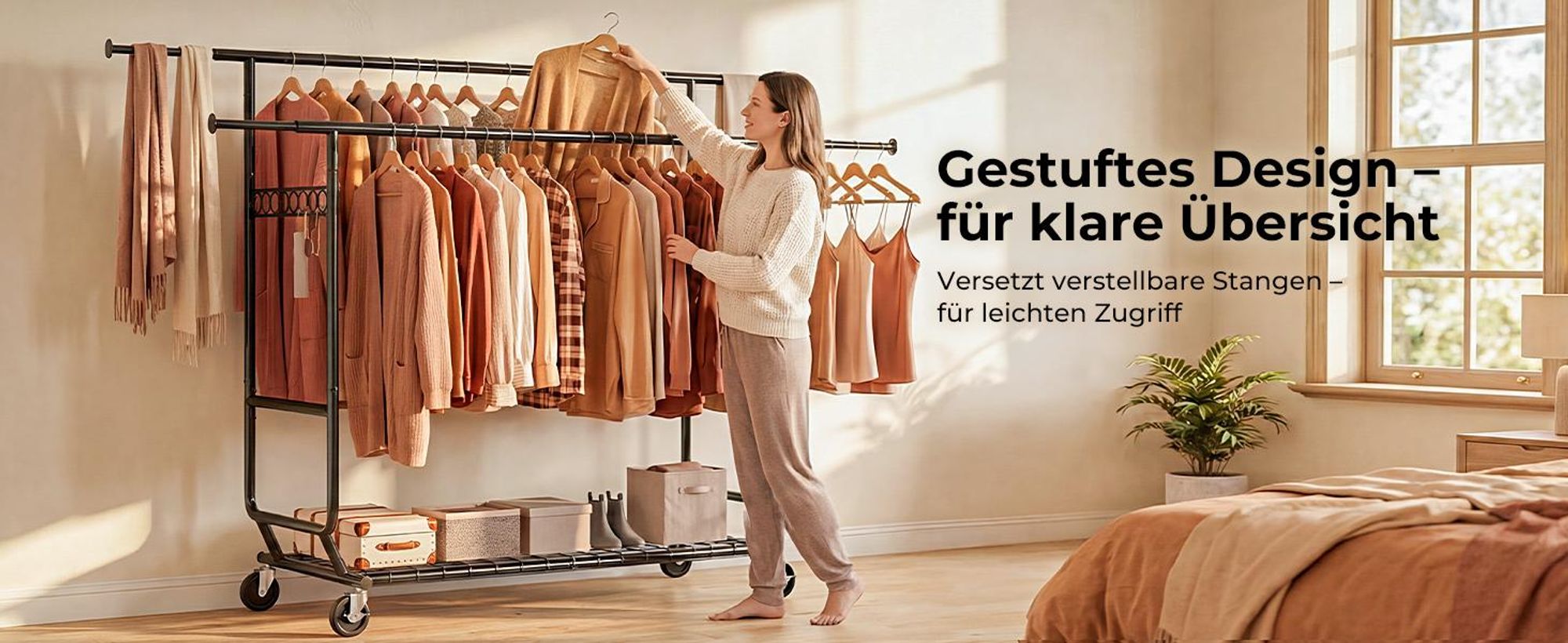 HOKEEPER Schwerlast Kleiderständer auf Rollen, Doppelter Kleiderstange,bis 283 kg belastbar (D002K)