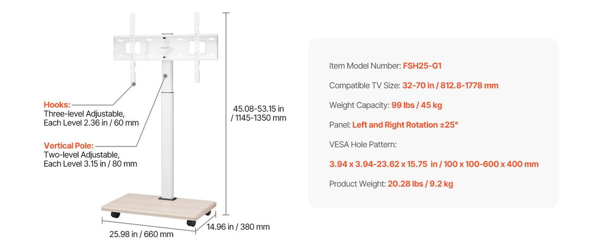 VEVOR Rollender TV-Ständer, Mobiler TV-Wagen für 35-100 Zoll LED/LCD/OLED Flach-/Curved-TVs, Tragbarer Monitorständer mit Rädern für bis zu 198 lbs für Wohnzimmer, Schlafzimmer, Büro, Außenbereich, Max VESA 800x600mm, 1-Layer Tray-a, 1 Halter-a