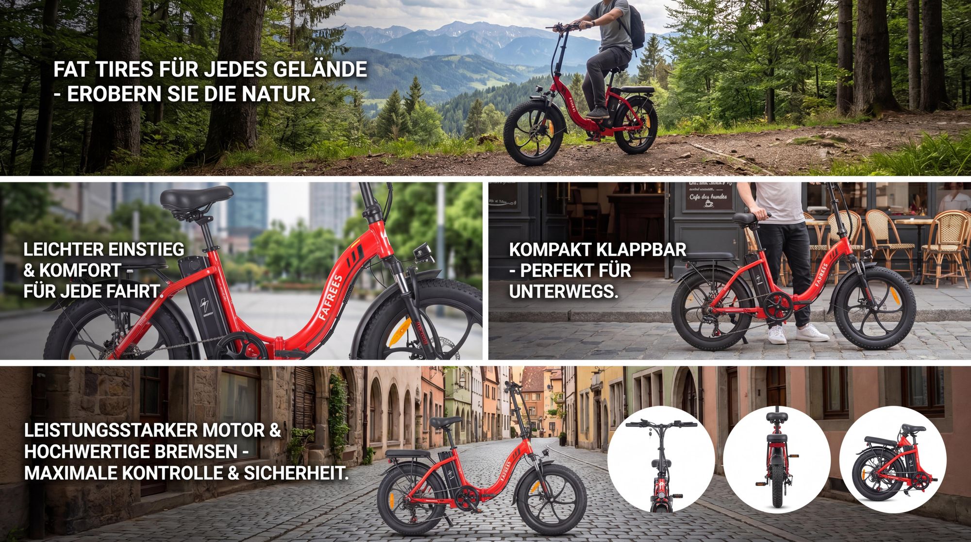E-bike klapprad 20 Zoll Rostfreie Aluminiumlegierung Wasserdicht IP54 36 V 18 Ah 648 Wh bis zu 100 - 130 km Citybike 7 Gang, Rot