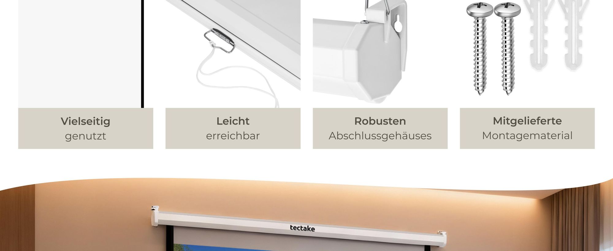 tectake® Beamer-Leinwand ausziehbar Doppelschicht-Gewebetuch, faltenfrei