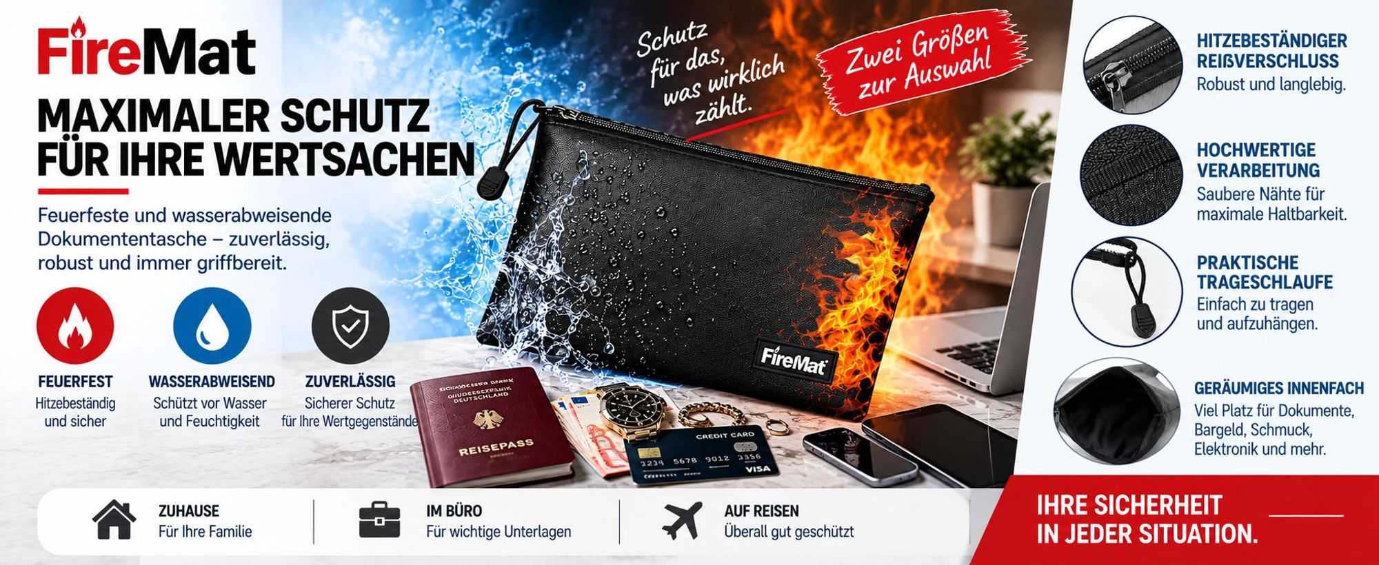 Maximaler Schutz für Ihre Wertsachen. Feuerfest, wasserabweisend und mit geräumigen Innenfach.