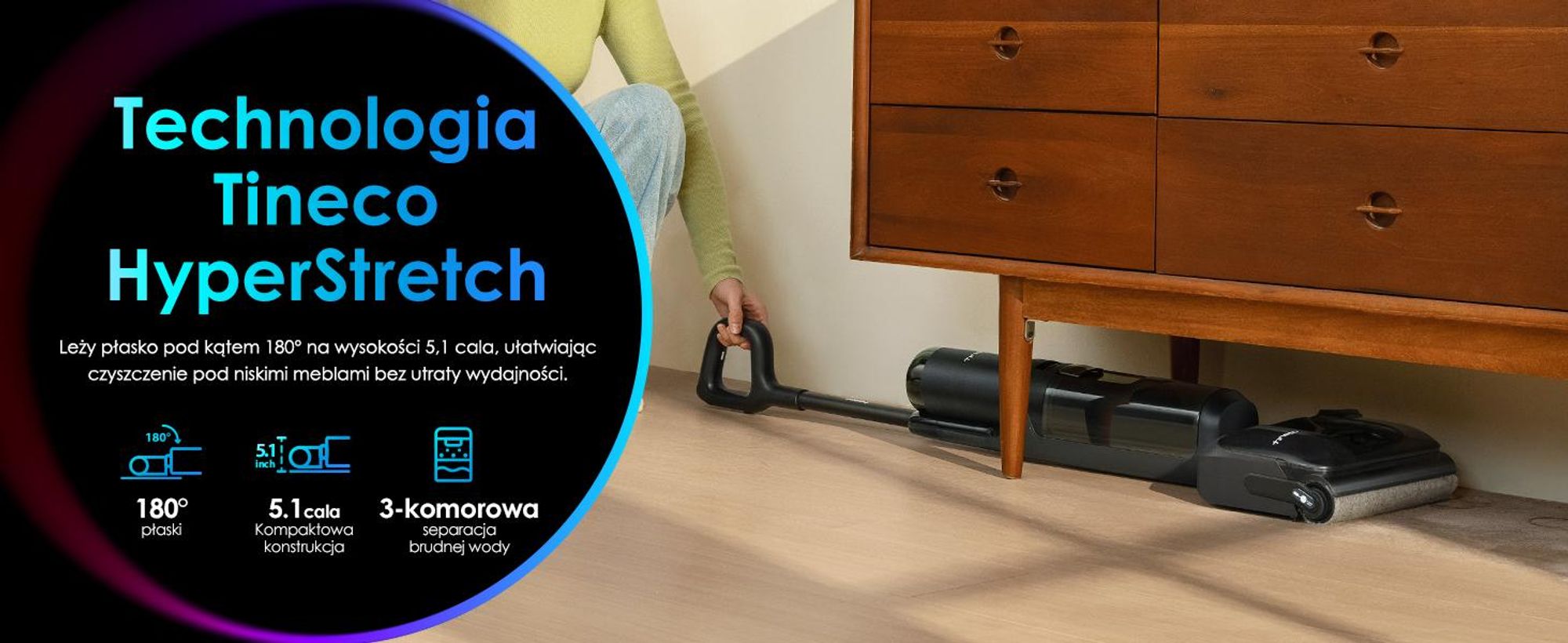 Tineco Floor ONE S7 Stretch Ultra odkurzacz bezprzewodowy 2w1 na mokro i sucho, FlashDry 85°C, 180° antysplątanie, 50 min pracy Flashdry 85℃