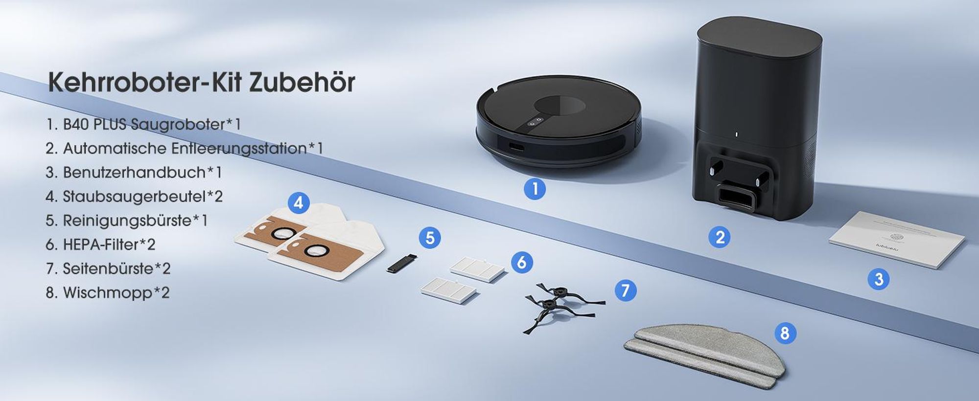 Lubluelu B40 Plus Staubsauger Roboter, 17000Pa Saugkraft, 20S Selbstentleerung, 3-in-1 Saugen & Wischen, Automatische Aufladung, Ideal für Tierhaare