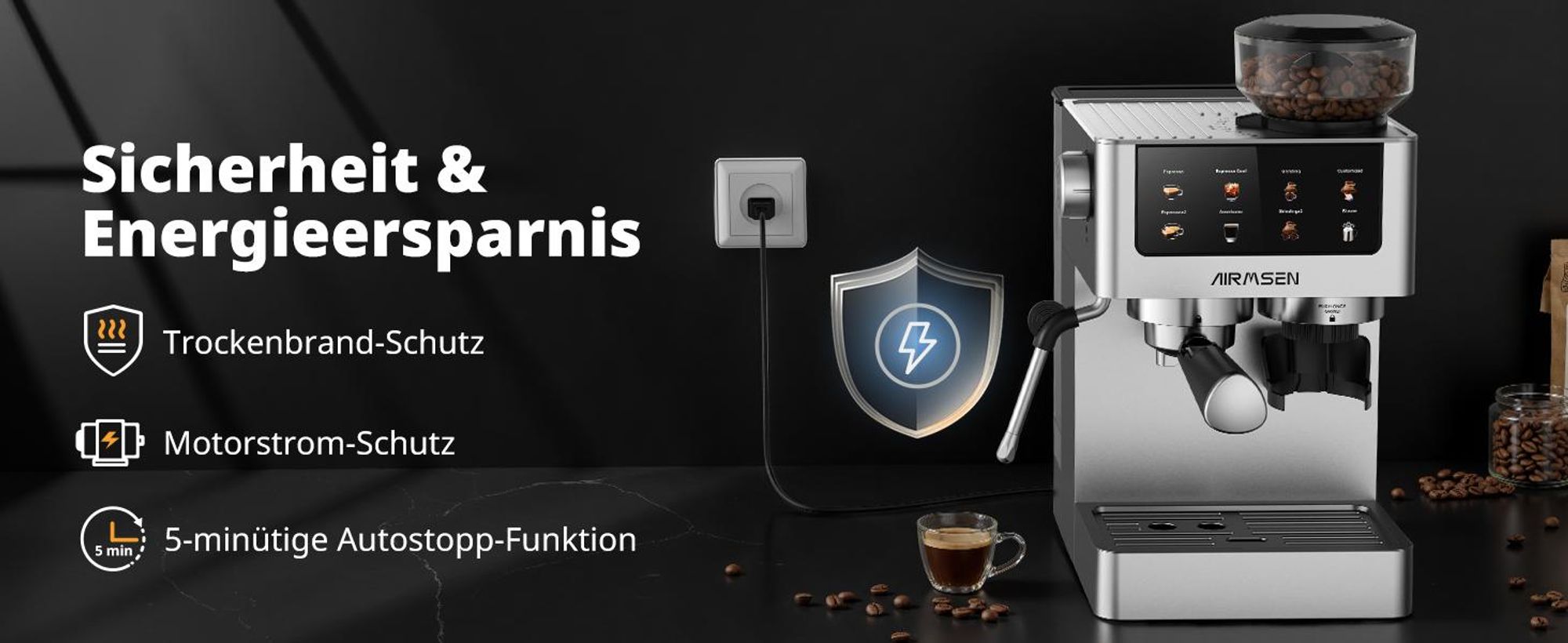 AIRMSEN Espressomaschine mit integriertem Mahlwerk, 20 Bar, Kaltbrühfunktion, individuell einstellbare Mahlgeschwindigkeit und Kaffeeflussmenge
