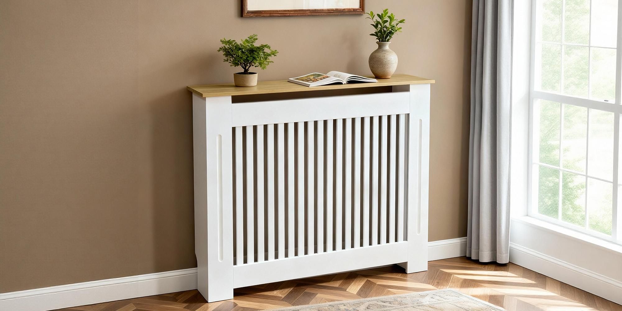 WISFOR Heizkörperverkleidung 112 x 20 x 92,5 cm MDF, vertikale Latten, Holzoptikablage, Kippschutz, Heizkörperabdeckung für Zuhause Wohnzimmer