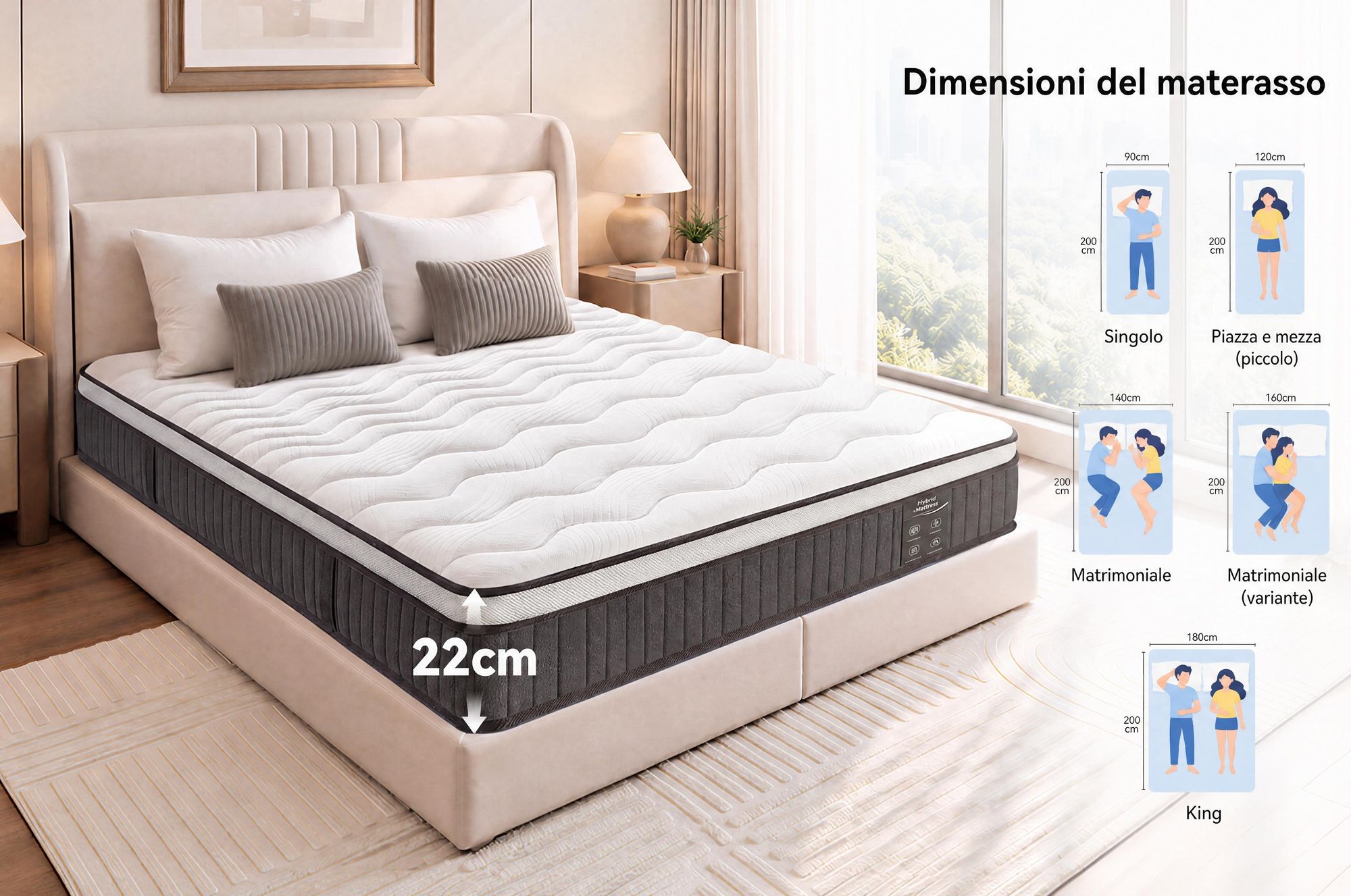 Materassi 140x200 cm, altezza 22 cm, con topper integrato. Materasso a molle insacchettate, 7 zone di comfort, rigidità H3/H4