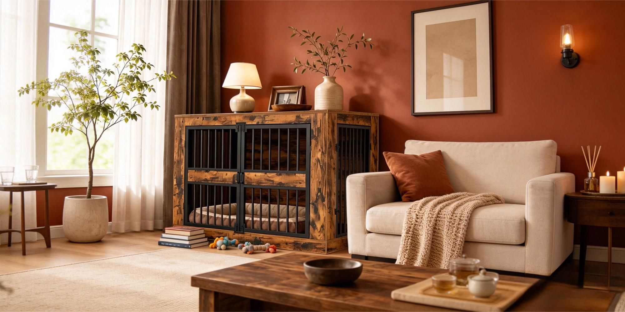 undekäfig Möbel, 120 cm Hundebox Möbel mit 4 Türen, Vintage Braun XXL Hundebox für Zuhause, Moderne Hundebox Holz Indoor für Mittlere/Große Hunde