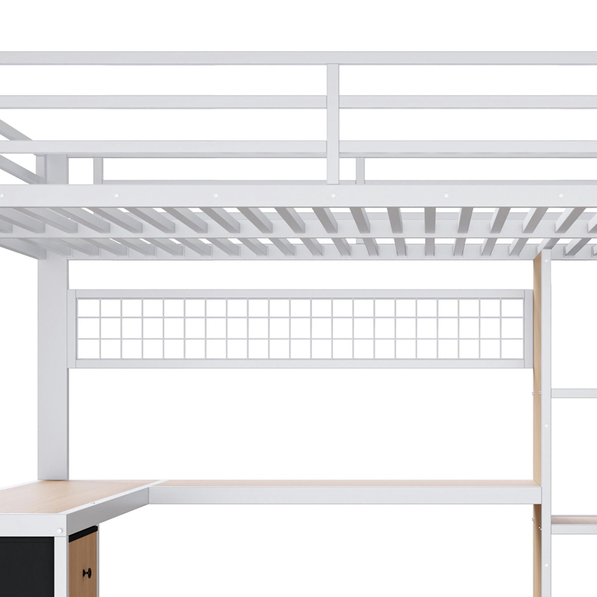 Merax Etagenbett Hochbett 140x200 cm, Kinderbett mit Schreibtisch und LED Licht, Stauraumtreppe, 3 Schubladen, Jugendbett, Metall Stockbett, Weiß