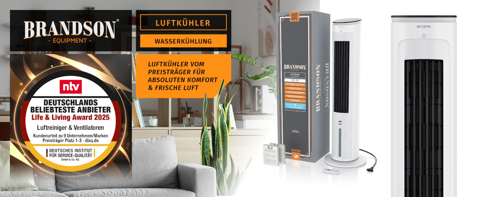 Weißer Luftkühler mit Verpackung und Zubehör, daneben ntv Award als beliebtester Anbieter