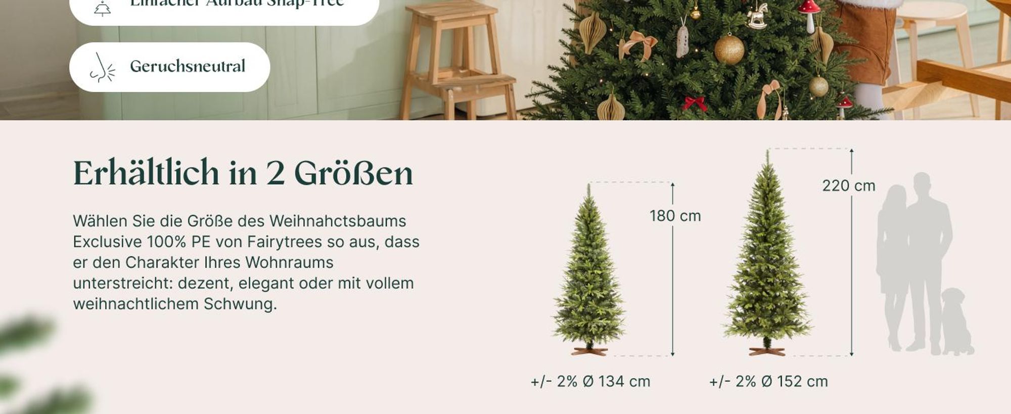 FAIRYTREES Künstlicher Pop-Up Weihnachtsbaum Spritzguss 220 cm dunkelgrün | Wilde europäische Fichte, handgefertigt in Europa 100% PE | Tannenbaum Breite Form, mit Holzständer | Modell: FT02