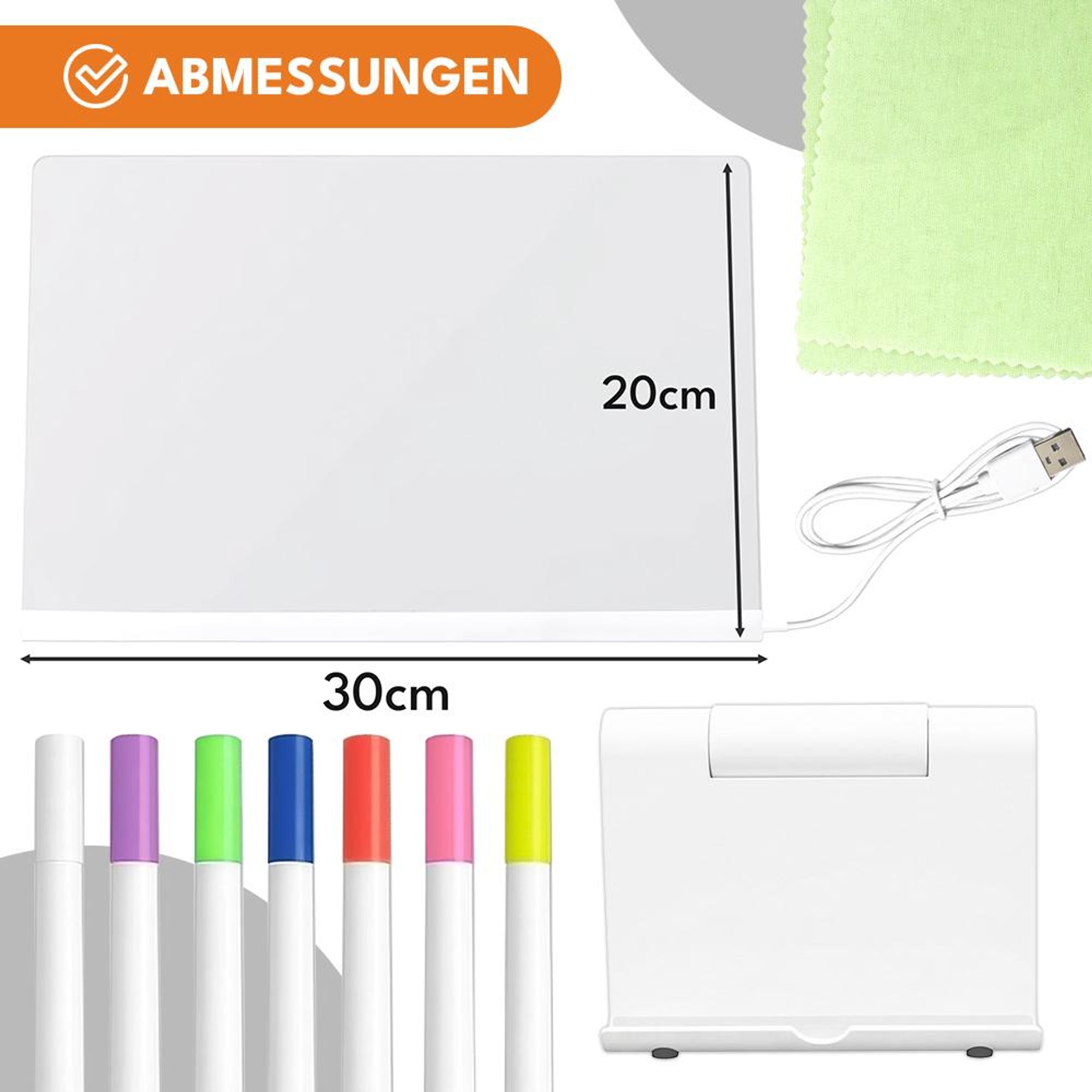 KRUMAD LED Notiztafel 30x20 cm Acryl Transparent mit Farben, Wiederverwendbare Schreibtafel mit USB, Leuchttafel für Notizen Zeichnen Büro