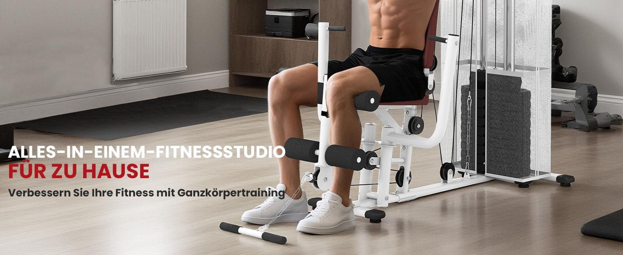 HOMCOM Gym Kraftstation mit Stahlnetz Fitnessstation Multigym Fitnesscenter Fitnessgerät inkl. 45 kg Gewichten Latzug Beincurl Metall Kunstleder