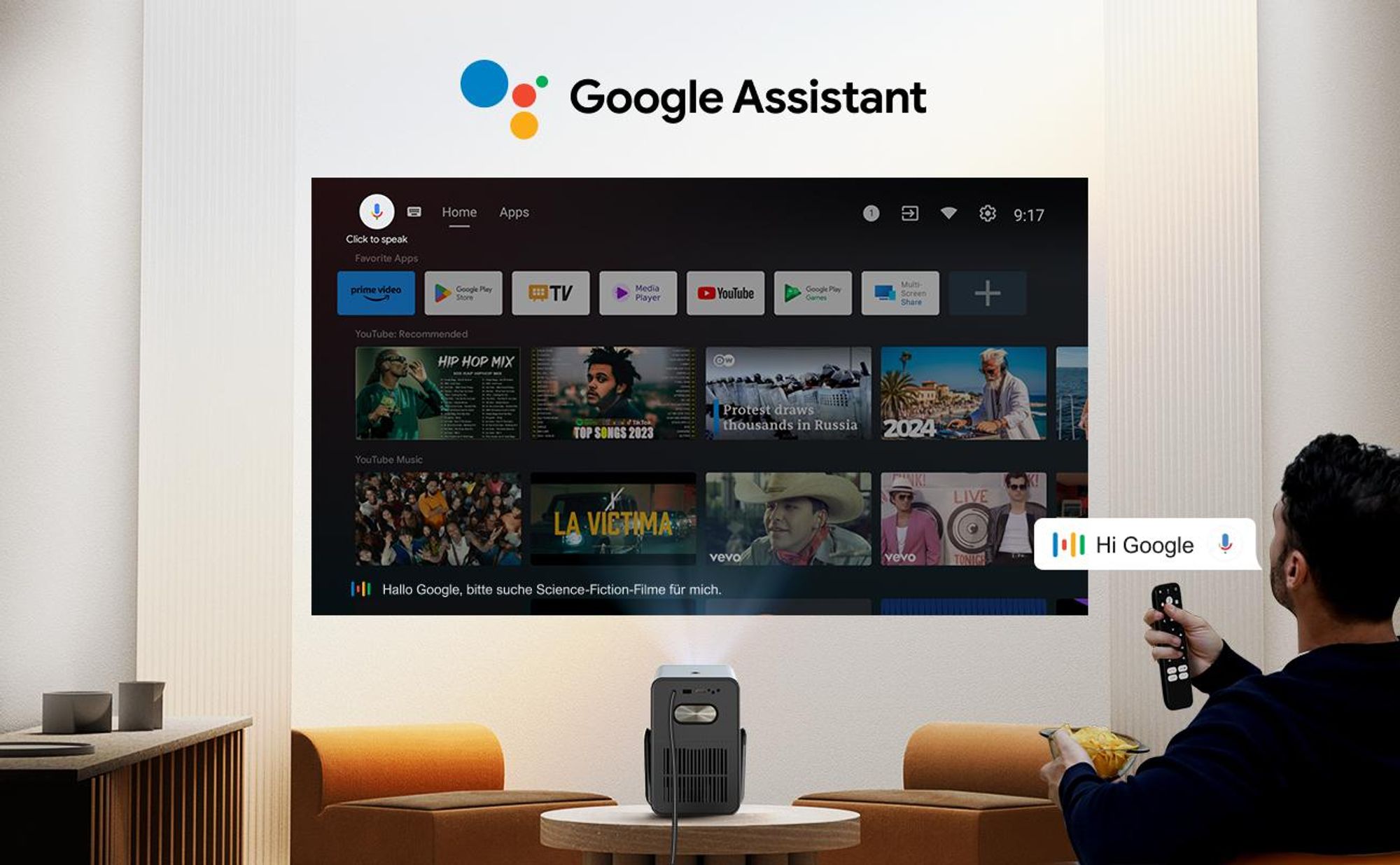 Poseidon E40 beamer, Android TV 11.0 met Netflix, Dolby Audio beamer, contrastverhouding 2000:1, resolutie 1920 x 1080 pixels, ergonomisch handvatontwerp, draagbare projector met native 1080P