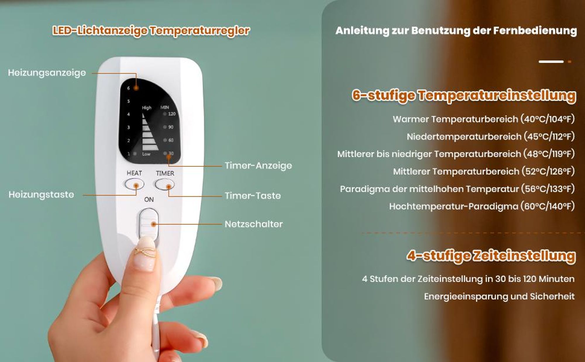 Elektrisches Heizkissen für Rücken & Schultern (60x100 cm) – Heizmatte mit 6 Heizstufen, 4 Timer & Abschaltautomatik, Flanell, Waschbar