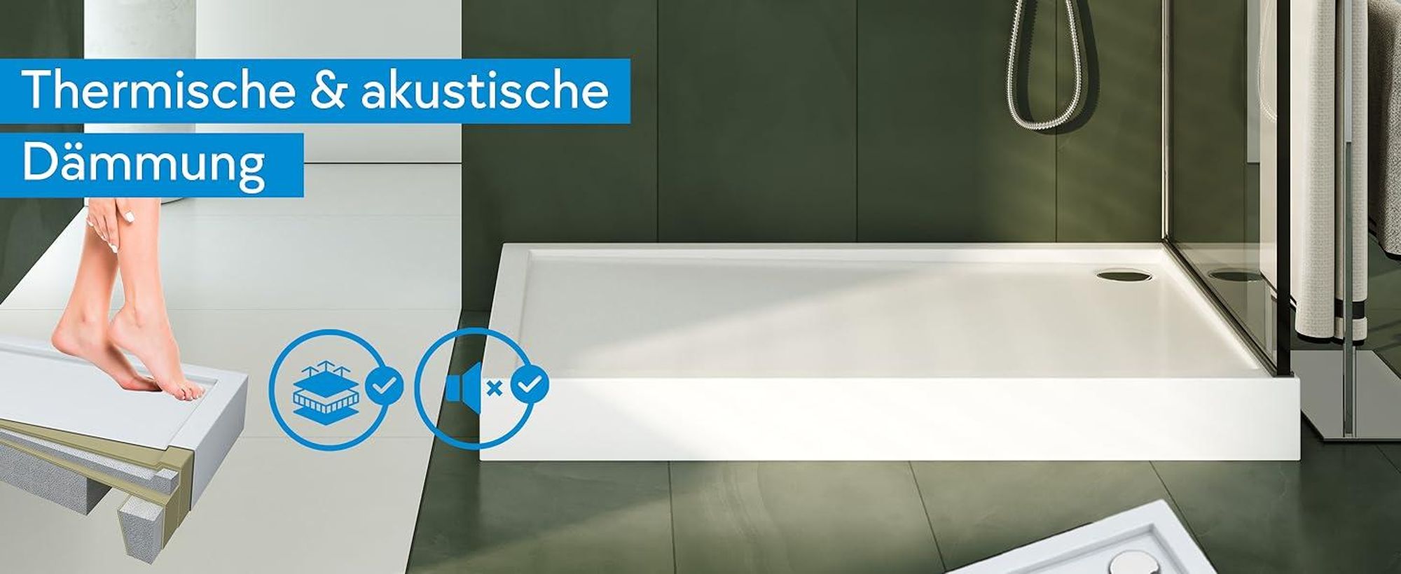 AQUABAD® Duschwanne Komplettset Ultima LeakProtect® Smooth White 80x120cm Rechteck mit Ablaufgarnitur Alcadrain A49CR
