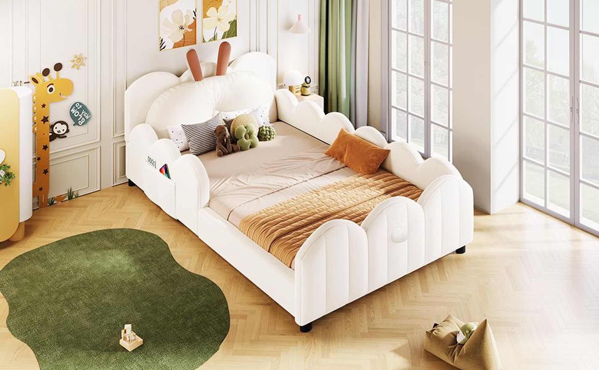 Merax Kinderbett Polsterbett 90x200 cm, Gepolstertes Plattformbett mit Kissen in Kaninchenform, Seitentaschen, Jugendbett, Einzelbett, Beige