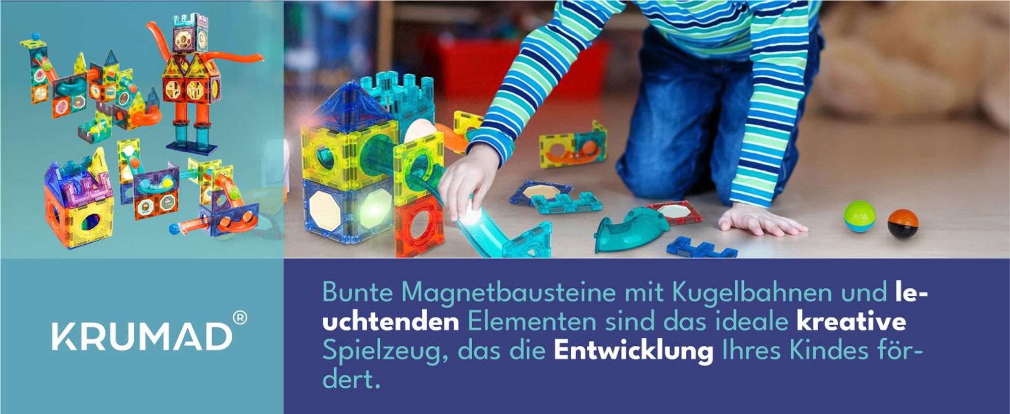 KRUMAD Magnetische Bausteine 75 Teile - Magnetspielzeug mit Licht & Kugelbahn für Kinder ab 3 Jahren - Stabile Magnetkonstruktion, leuchtende Elemente