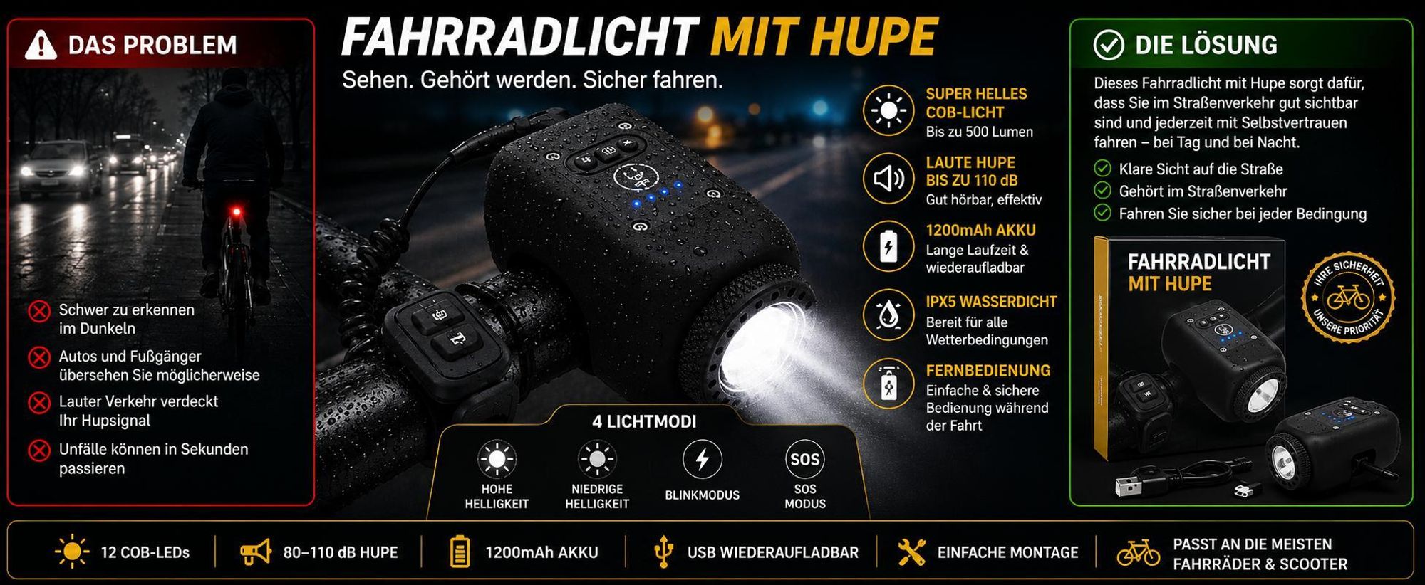 2 in 1 IPX5 Fahrradlicht mit 110dB Hupe, 1200 mAh Akku Fahhradlampe mit Digitalhupe, Fahrradbeleuchtung Forne - LUMIHORN