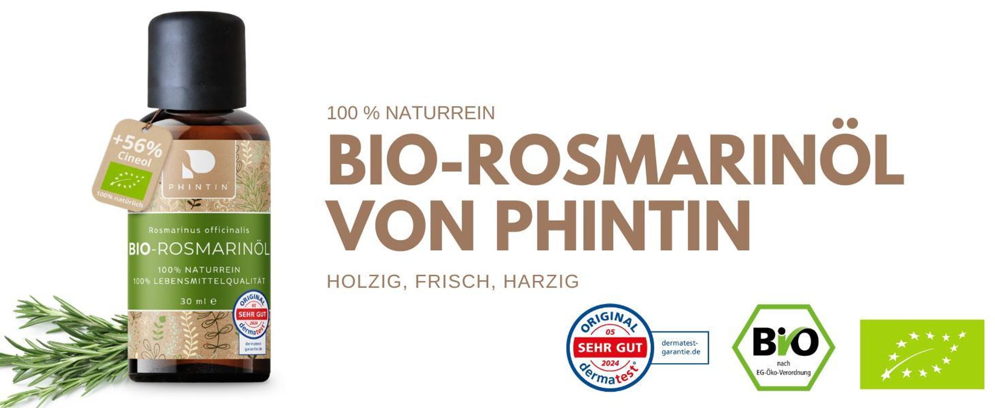 Reines Rosmarinöl von Phintin, Bio- und getestet (Dermatest Sehr Gut)