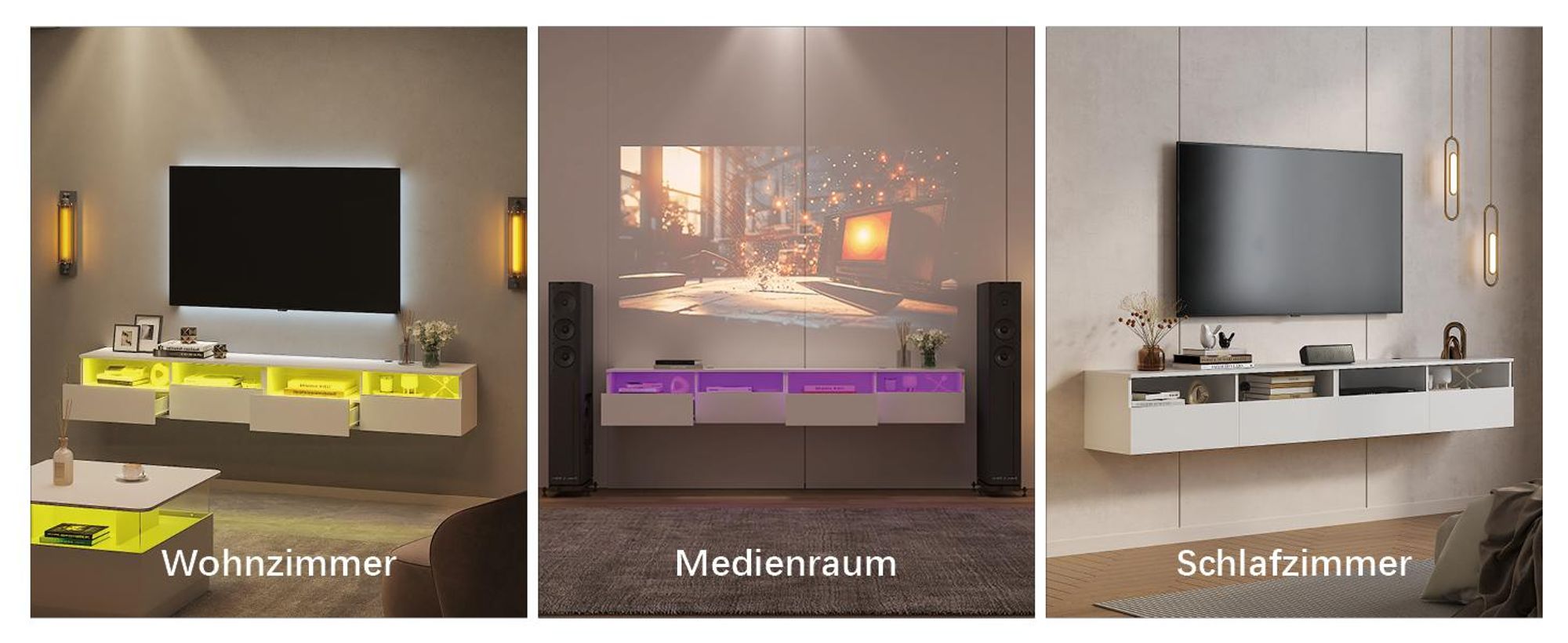 Radelldar Lowboard mit LED-Beleuchtung, TV-Schrank, hängend, grifflose TV-Board, 4 Schubladen mit Acryl,  200 cm, Weiß