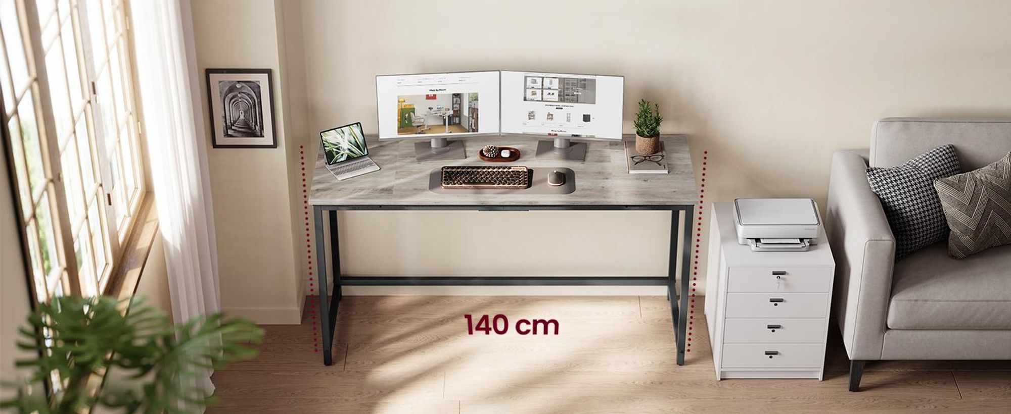 VASAGLE Schreibtisch, 140 x 50 x 76 cm, Computertisch, für Arbeitszimmer, Schlafzimmer, Wohnzimmer, greige-schwarz