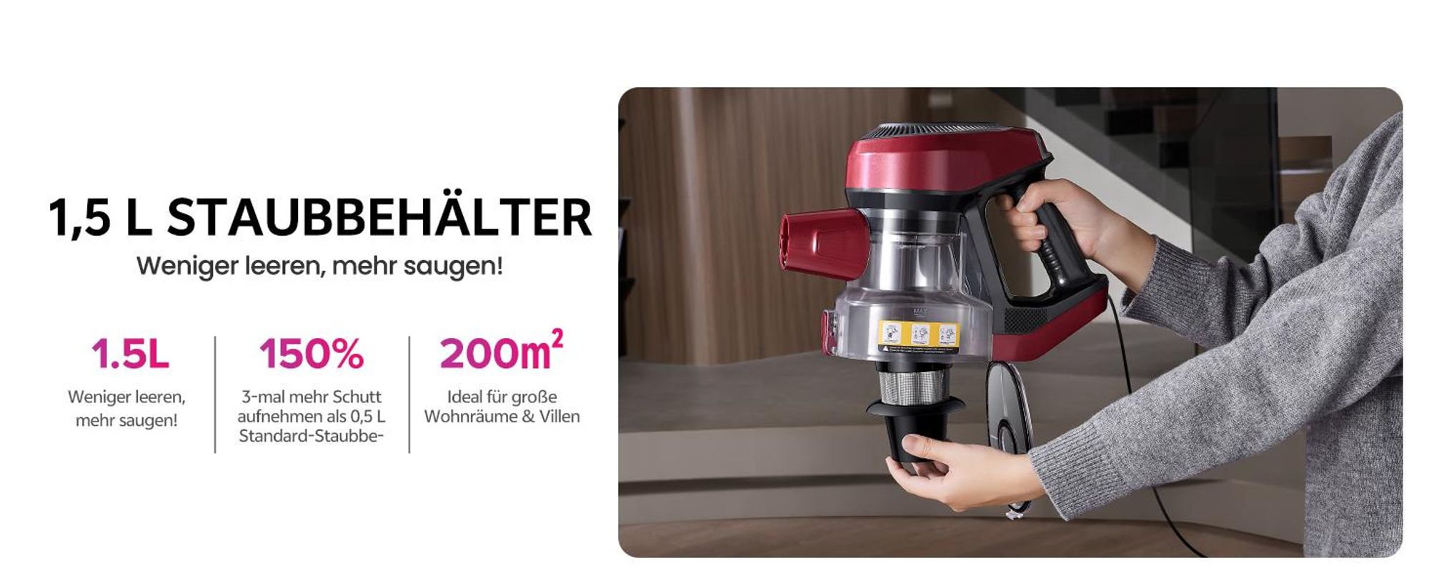 Vactidy C8 Staubsauger mit Kabel 7m/60kPa/600W Handstaubsauger 1,5L Beutelloser Staubbehälter, Antiverhedderungs-Bürste für Böden Teppiche Tierhaare