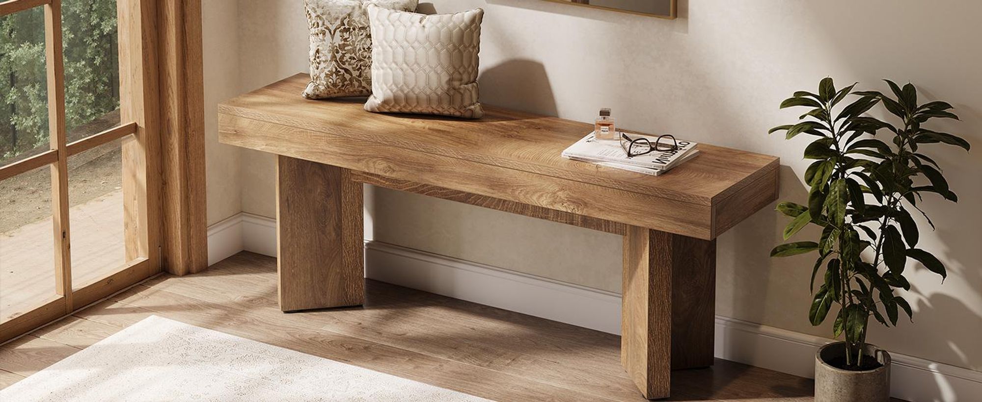 120 cm lange Holz-Eingangsbank, Landhaus-Sitzbänke für den Innenbereich am Fußende des Bettes, lange Tischbank als Sitzgelegenheit, Schuhbank