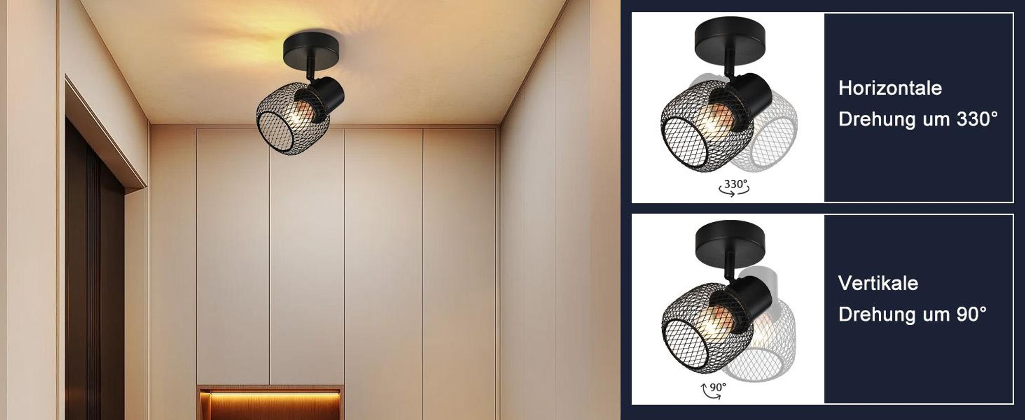 ZMH Faretto da soffitto Faretto da soffitto in metallo nero a 1 fiamma Vintage E27 Lampada da soffitto ruotabile a 330° Faretto da interno per corridoio Soggiorno Camera da letto Cucina