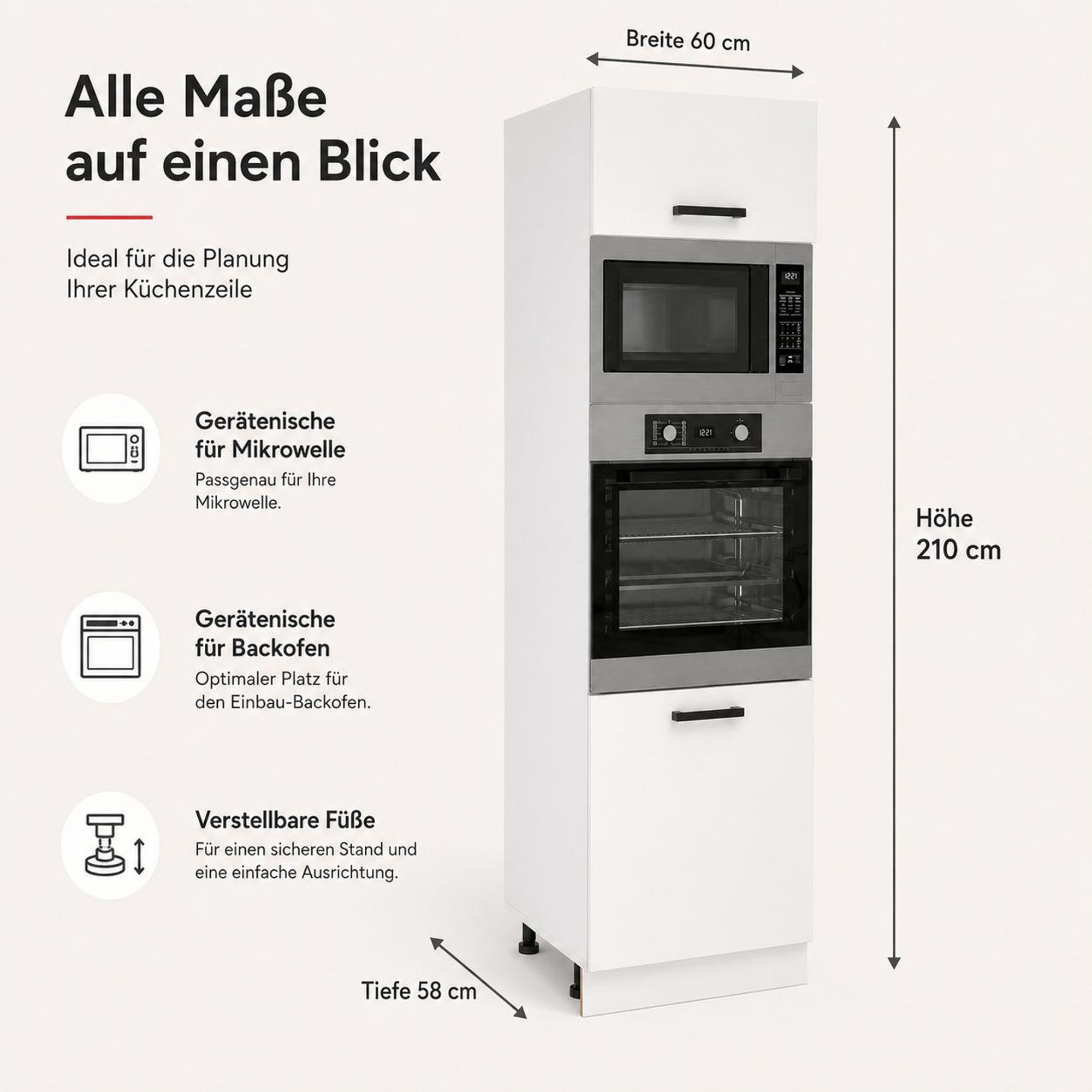 Hochschrank Backofen & Mikrowelle Mattweiß: Stauraum & Aufteilung im Detail.