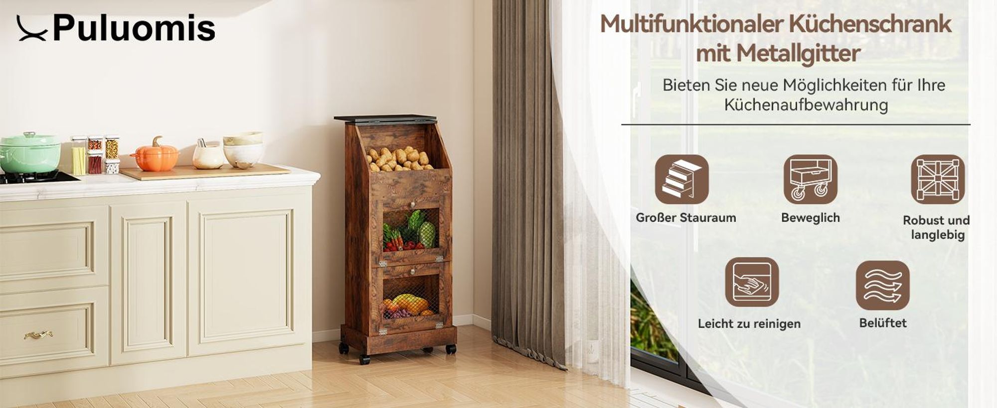 Puluomis Küchenregal Gemüsebehälter mit Rollen, Gemüsebox mit Belüftung und Brotfach, Aufbewahrung von Obst und Gemüse , Kartoffelbox schwarz braun