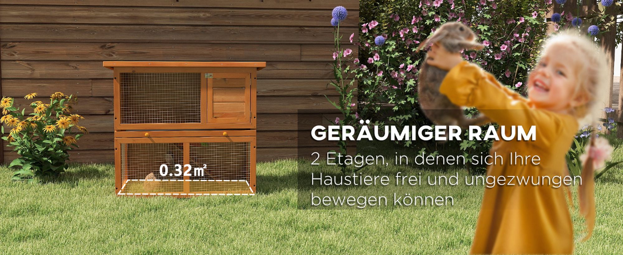 PawHut Kleintierstall Kleintierkäfig Zwergkaninchenstall Rampe Tannenholz Gelb