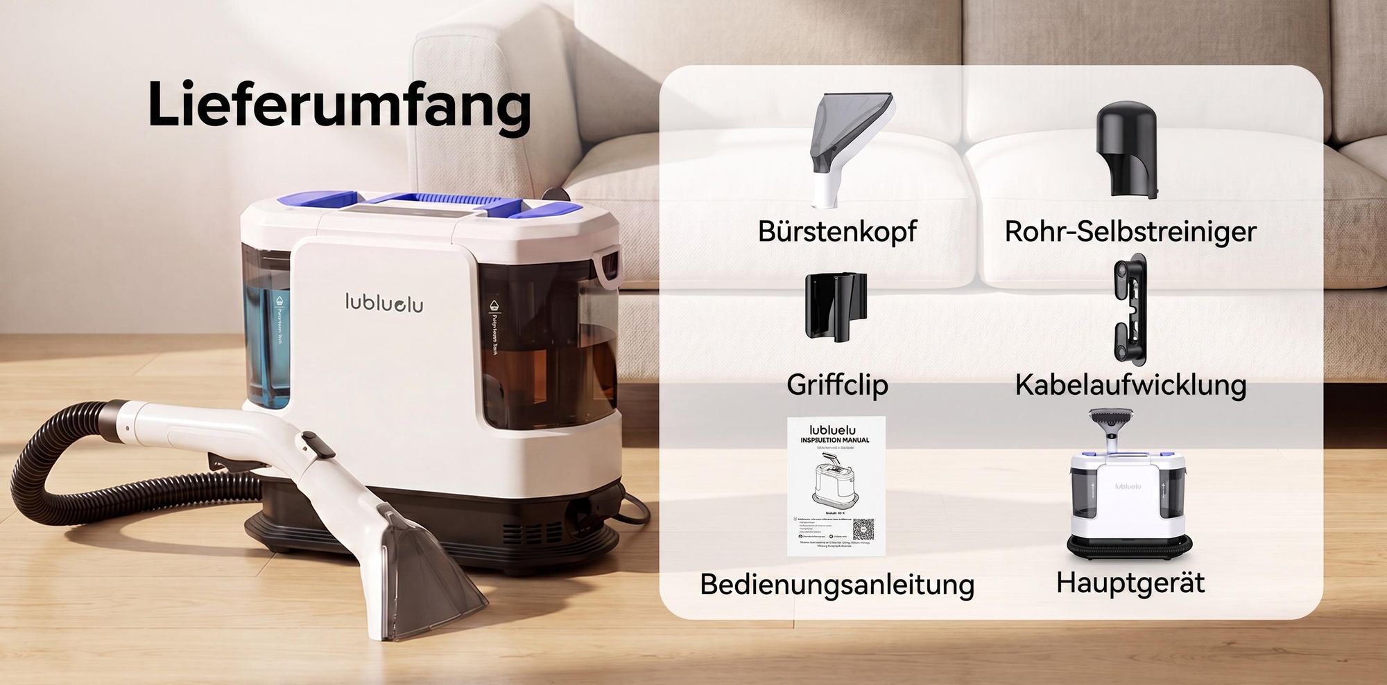 Lubluelu V11 Polsterreiniger Waschsauger Teppichreiniger 30KPa Dampffunktion 4 Modi 1900W mit 1,9L+1,1L Doppeltank für Sofa Auto Matratze Touchdisplay