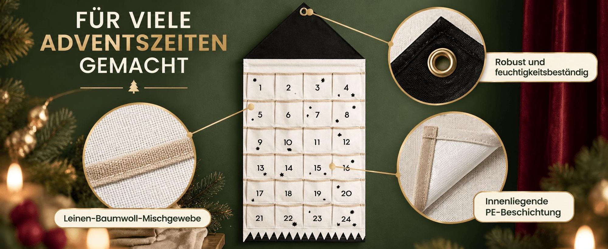 Adventskalender zum Aufhängen, 24 Taschen Stoff, befüllbar, Weihnachtsdeko, wiederverwendbar