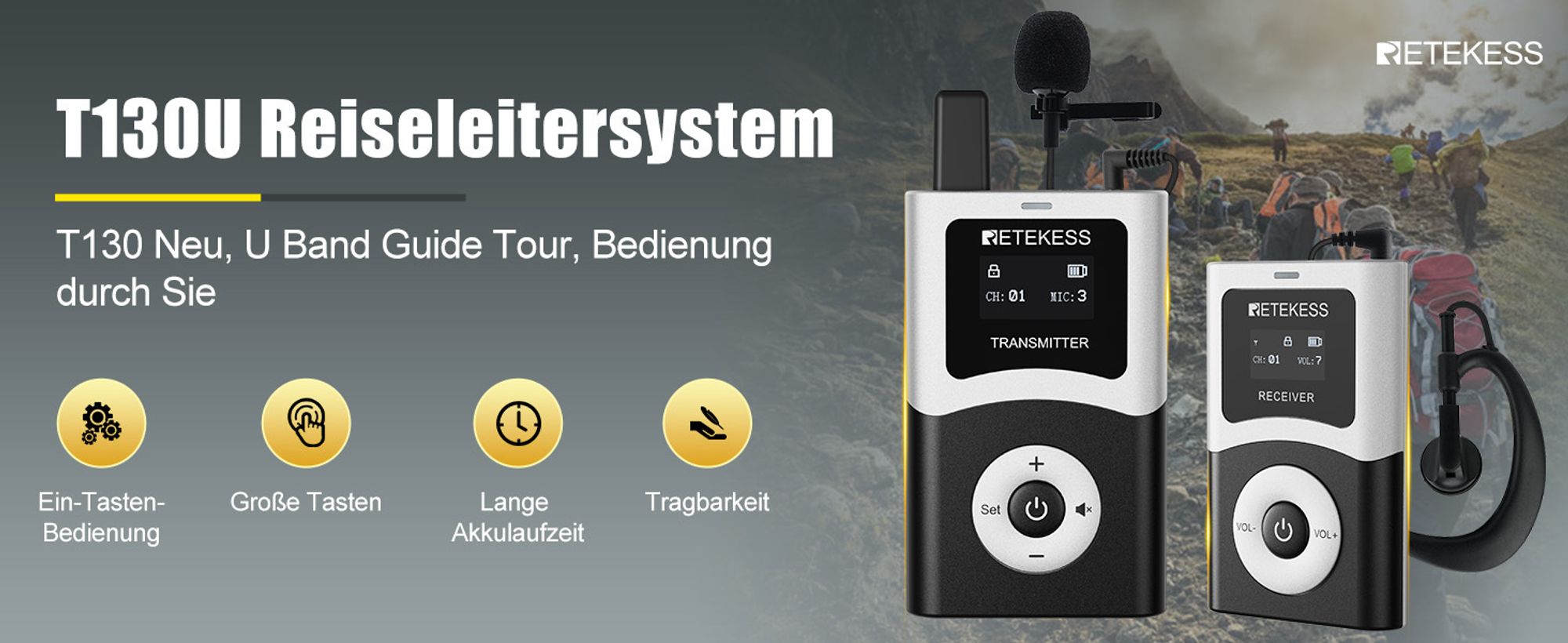 Retekess T130U Tour Guide System, Tour Guide Mikrofon und Lautsprecher, 200 m, Sender mit Bluetooth, Ein-Tasten-Bedienung, für Museen Reisebüro