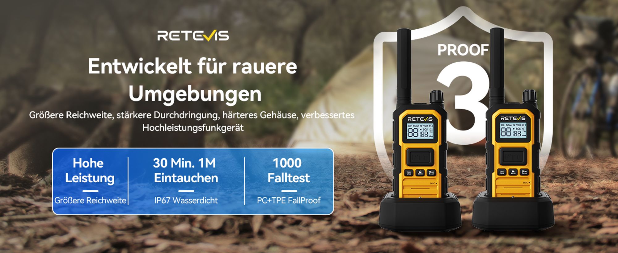 Retevis RB648 Plus Funkgerät mit Großer Reichweite, Robustes Funkgerät, Wasserdicht IP67, 2000 mAh, Triple Proof, SOS Dual-PTT, Handfunkgerät Wandern