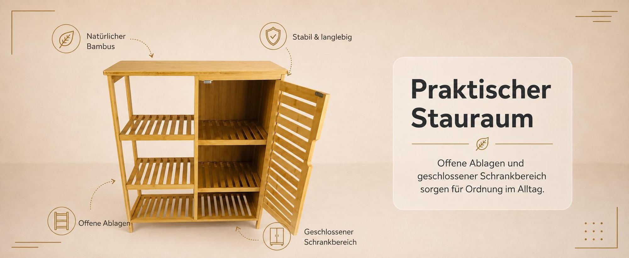 BEGRYF Bambus Badschrank 87,5x66x33 cm, Hochschrank mit Tür und 3 Ablagen, Badezimmerschrank natur