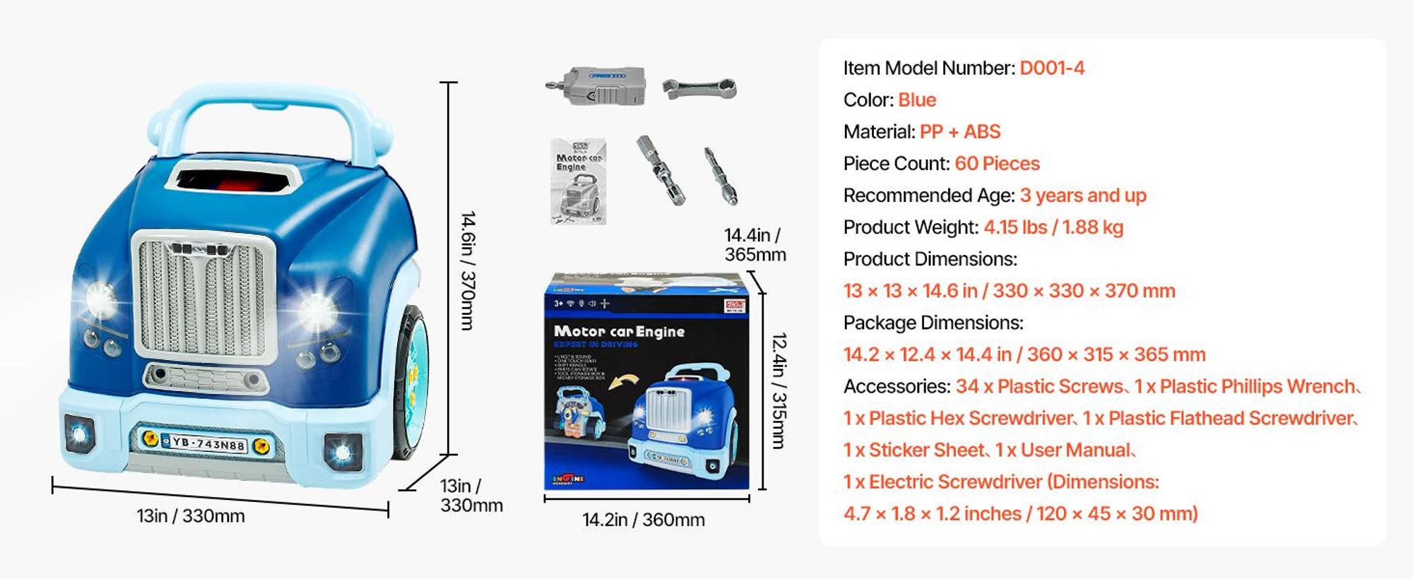 VEVOR Motor Spielzeug, 60 Teile, Kinder Mechaniker Auto Reparatur Set mit abnehmbaren Teilen, Lichtern und Geräuschen, Lenkrad und Hupe, Kinder Mechaniker Werkstatt Set für Kleinkinder ab 3 Jahren, Blau, Blau