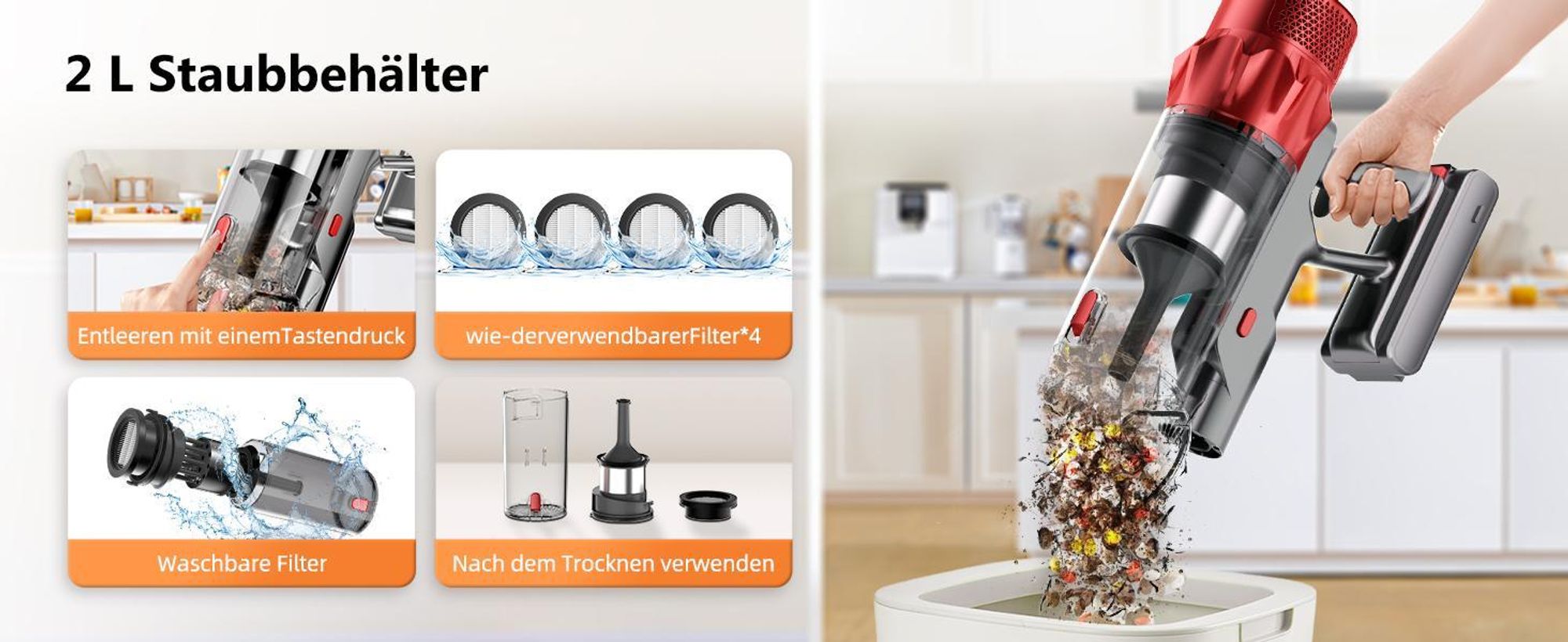 Hiazurm Akku Staubsauger, 85000Pa Staubsauger kabellos mit Touchscreen, HEPAx4, 80Min, Schlauchbürste, Staubsauger, 2L, Anti-Tangle-Staubsauger