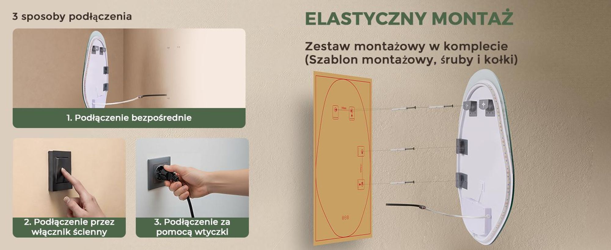 S'AFIELINA Lustro Łazienkowe LED 48 × 72 cm, Podświetlane, Asymetryczne,3 barwy światła, regulacja jasności, funkcja przeciwmgielna i pamięć ustawień